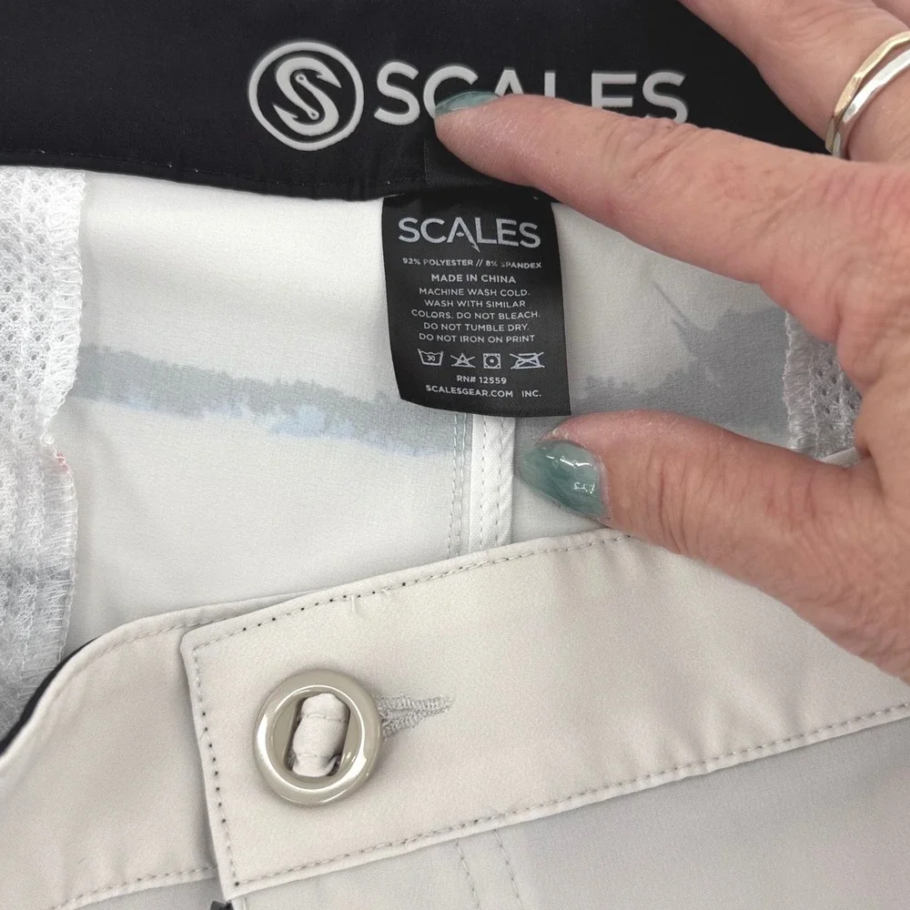 Scales White with Black/Blue Marlin Stripe Performance Fishing Shorts Mens40